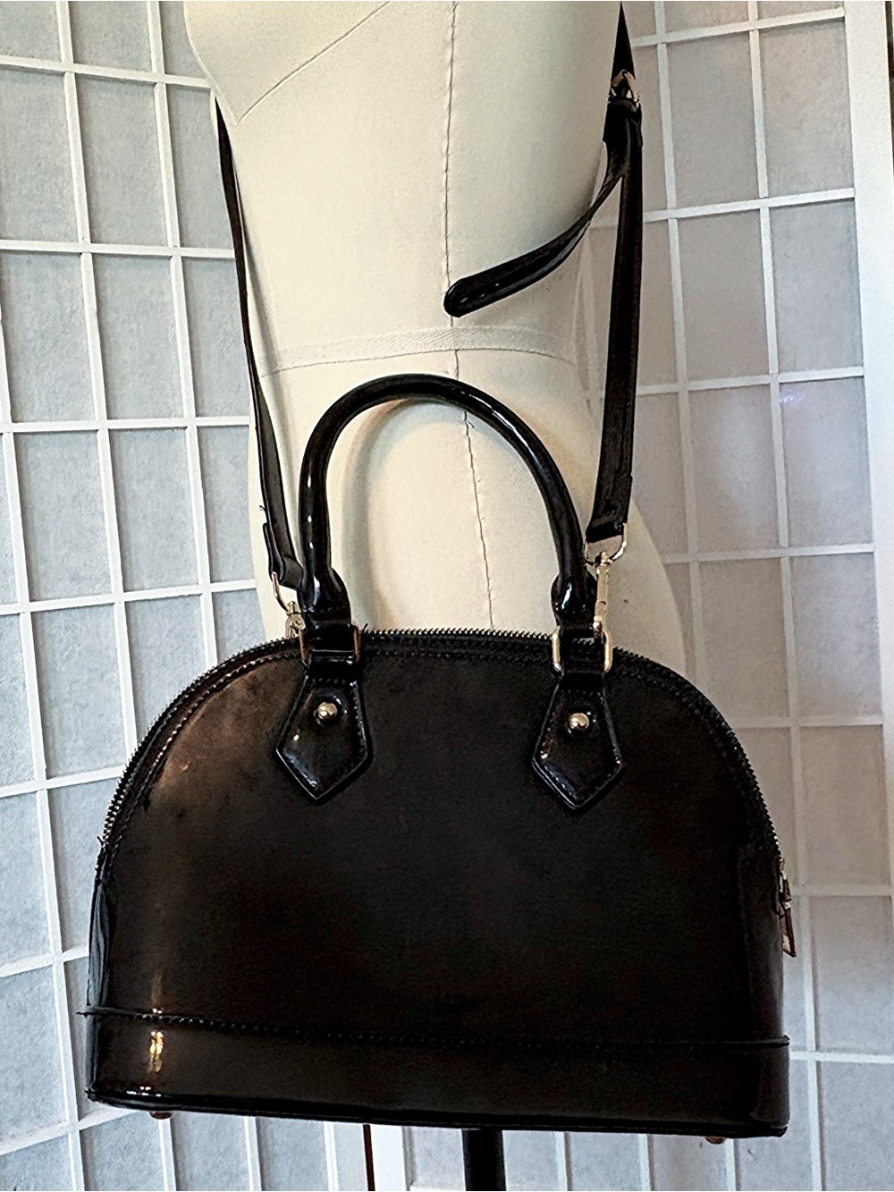 Classic Black Patent Faux Leather Dome Satchel Shoulder Bag